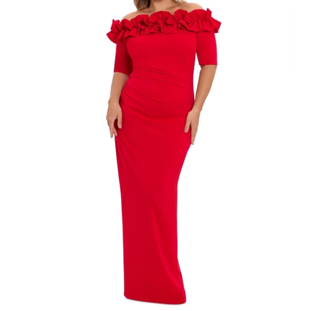 NWOT Xscape Ruffle Off the Shoulder Crepe Column Gown 18W Red